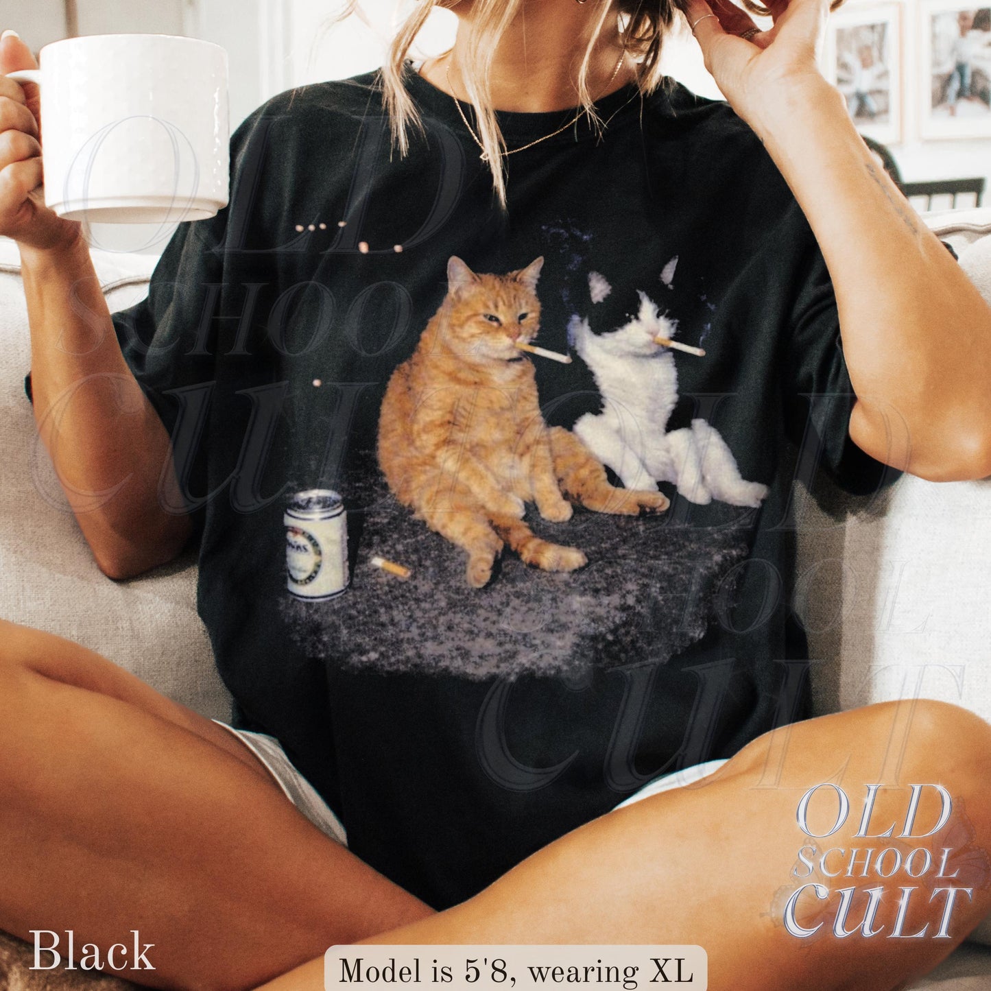 Smoking Cats Vintage Smoking Cat Tee Retro Streetwear Kitten Oversized Beer - T-Shirt, Sweatshirt, Hoodie