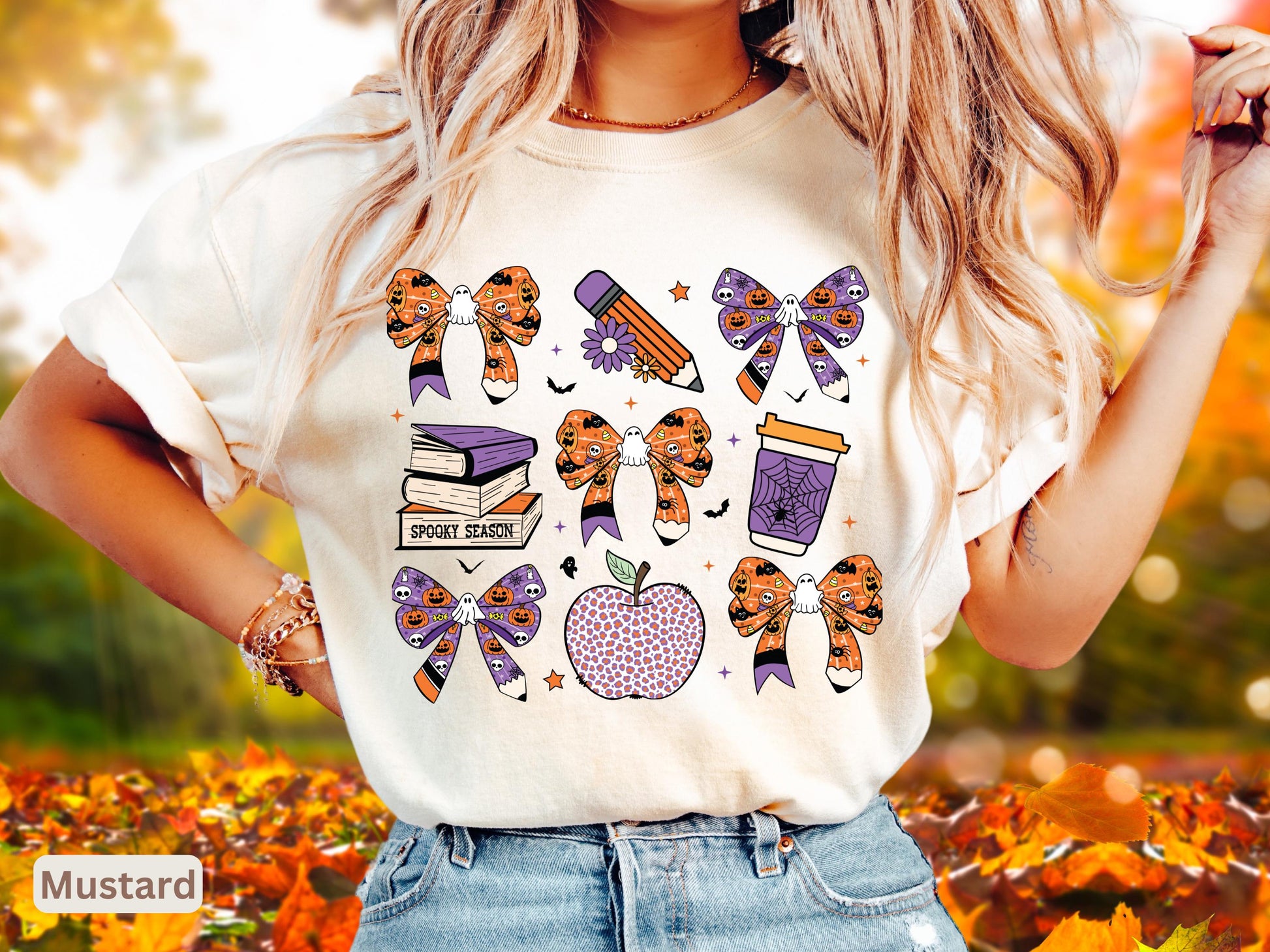 Comfort Colors Teacher Halloween Spooky Bow Unisex T-shirt, Sweatshirt, Hoodie - T-Shirt, Sweatshirt, Hoodie