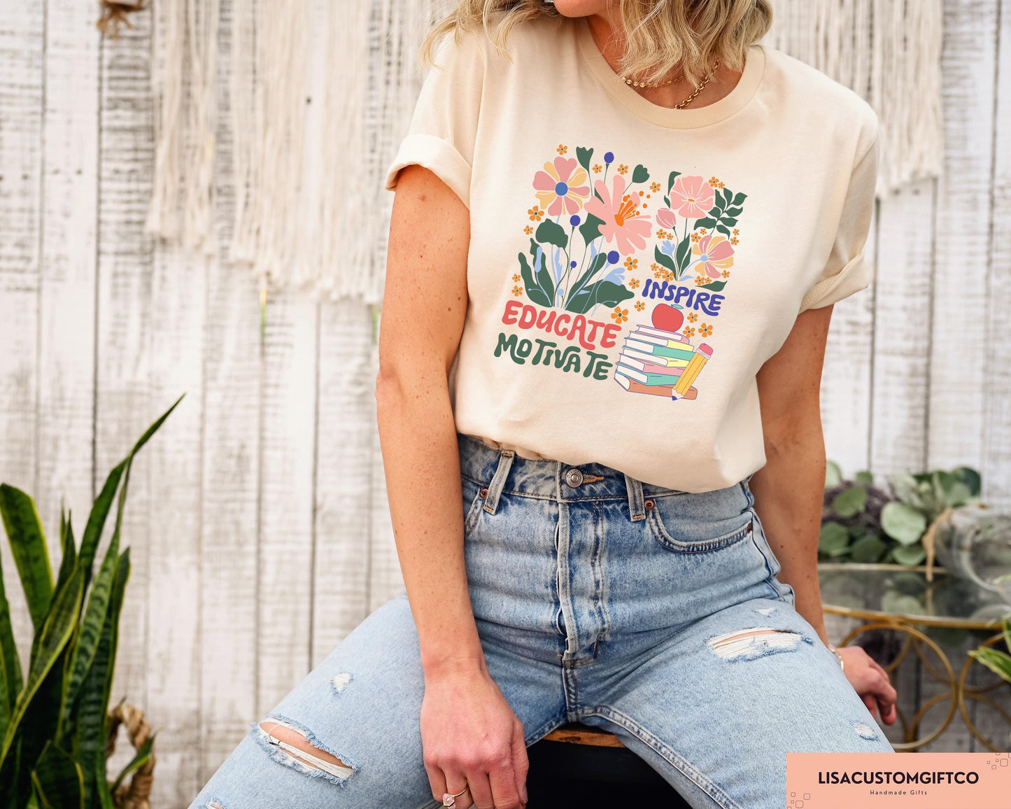 Boho Floral Teacher Sublimation Back School School Inspire Educate Motivate Retro Teacher - T-Shirt, Sweatshirt, Hoodie