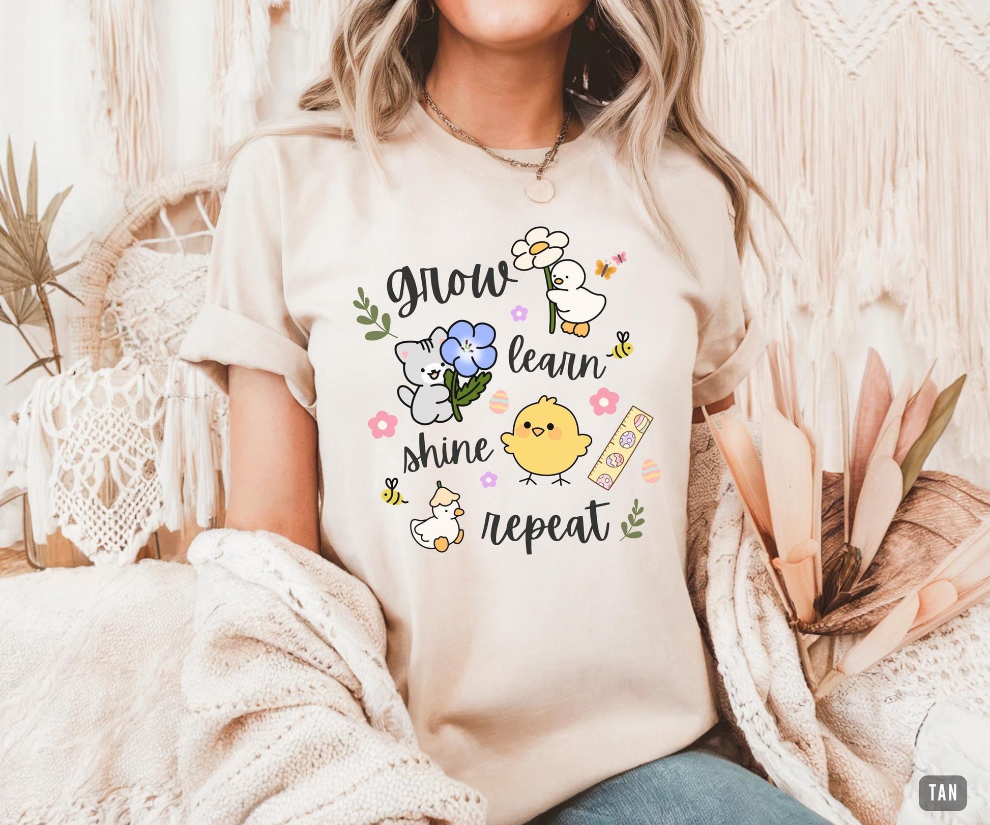 Teacher Grow Learn Shine Repea Spring Easter Teachers Bella Canvas - T-Shirt, Sweatshirt, Hoodie