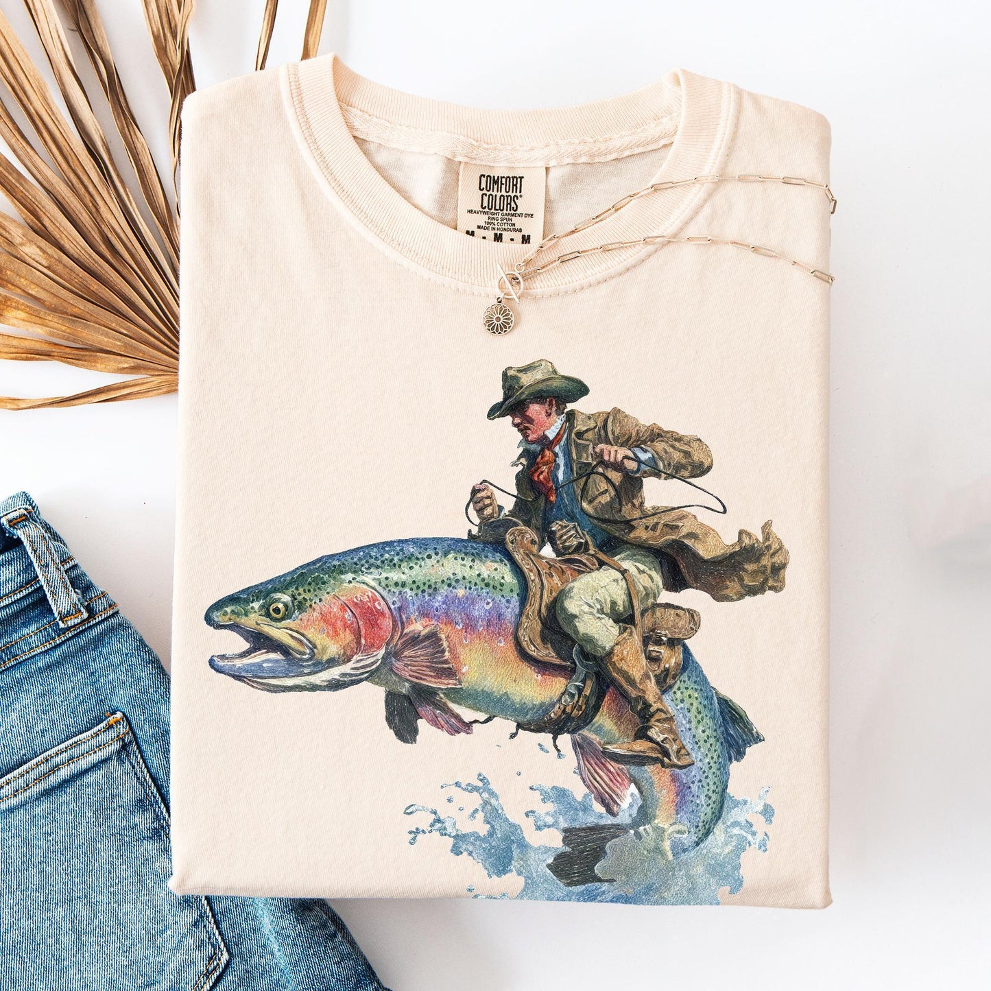 Cowboy Riding Rainbow Trout Genuine Comfort Colors Cowboy Fishing Club Rodeo - T-Shirt, Sweatshirt, Hoodie