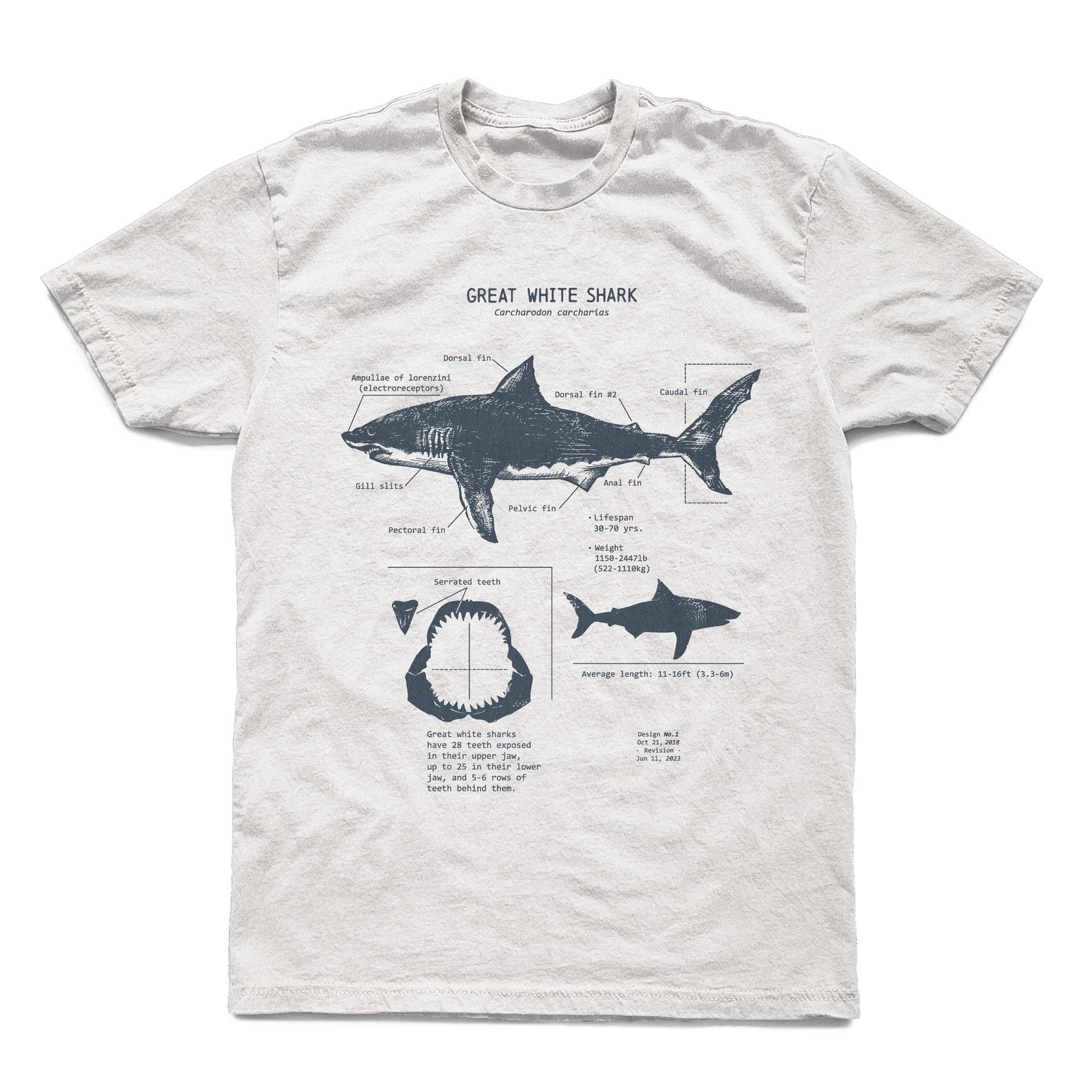 White Shark Anatomy Hand-Drawn Biology Diagram Screen Printed Ringspun - T-Shirt, Sweatshirt, Hoodie