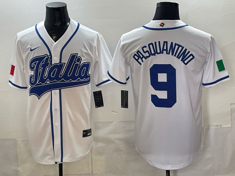 Men's Italy Baseball Vinnie Pasquantino #9 White 2026 World Baseball Classic Stadium Jersey baseball jersey product view 1