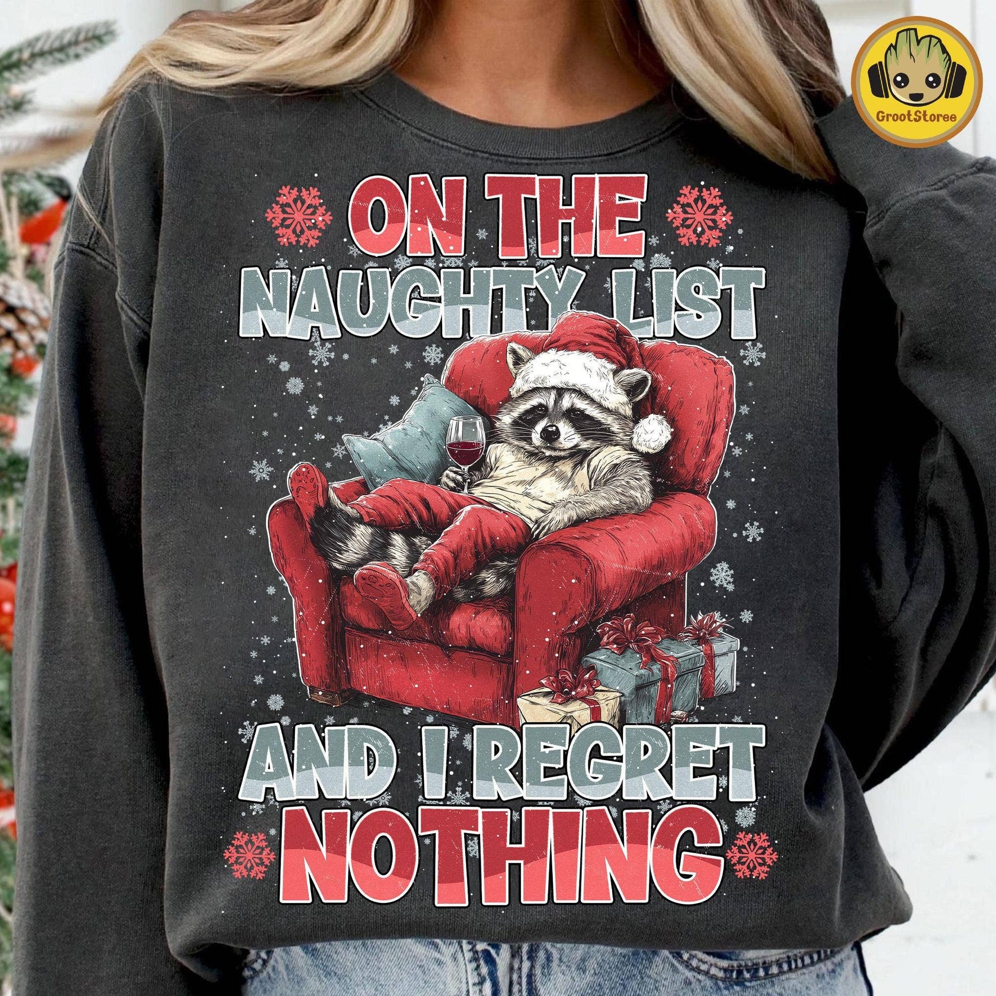 Festive Feral Girl Santa Raccoon Christmas Shirt Unisex T-shirt, Sweatshirt, Hoodie, Long Sleeve Tee - T-Shirt, Sweatshirt, Hoodie