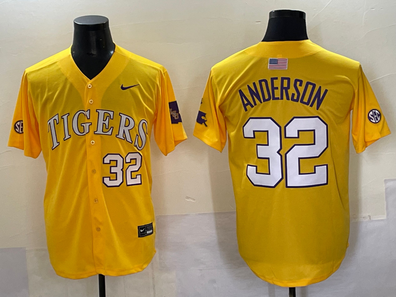 Men's LSU Tigers Kade Anderson #32 Yellow Replica Player Jersey sports jersey product view 1