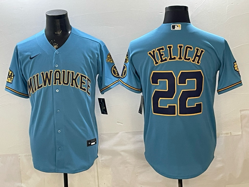 Men's Milwaukee Brewers Christian Yelich #22 Light Blue Road Replica Jersey baseball jersey product view 1