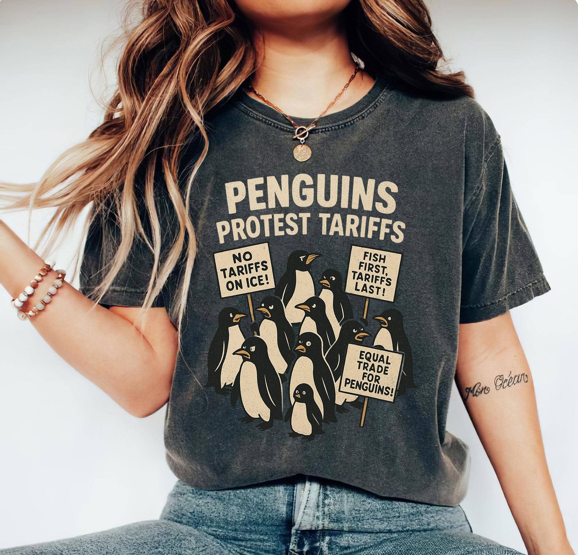 Penguins Protest Tariffs Tee, Political Satire Shirt Unisex T-shirt, Sweatshirt, Hoodie, Long Sleeve Tee - T-Shirt, Sweatshirt, Hoodie