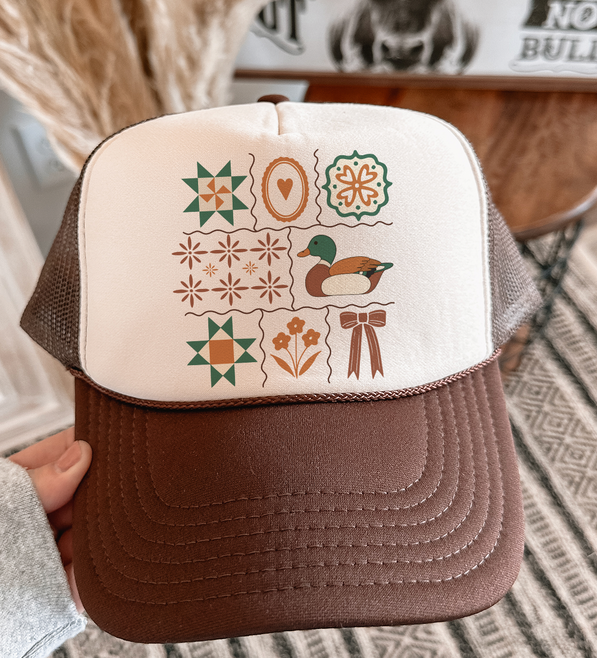Grandma Core Folkart Mallard - Brown & Tan Otto Trucker Unisex T-shirt, Sweatshirt, Hoodie, Long Sleeve Tee - T-Shirt, Sweatshirt, Hoodie