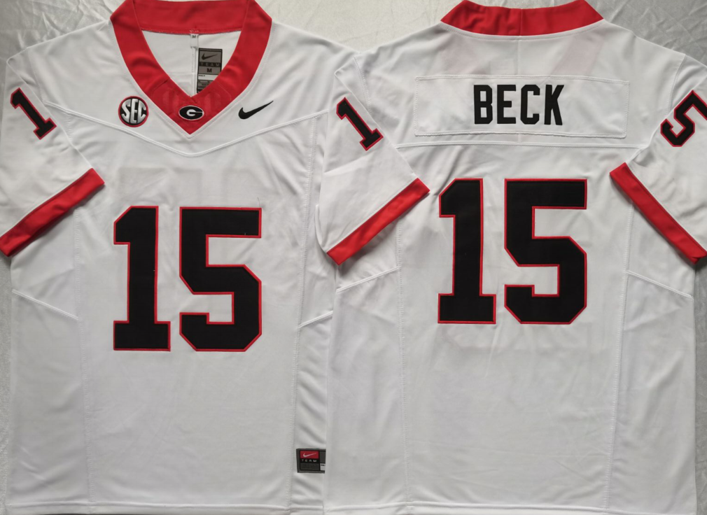 Men's Georgia Bulldogs Carson Beck #15 White Game Jersey sports jersey product view 1