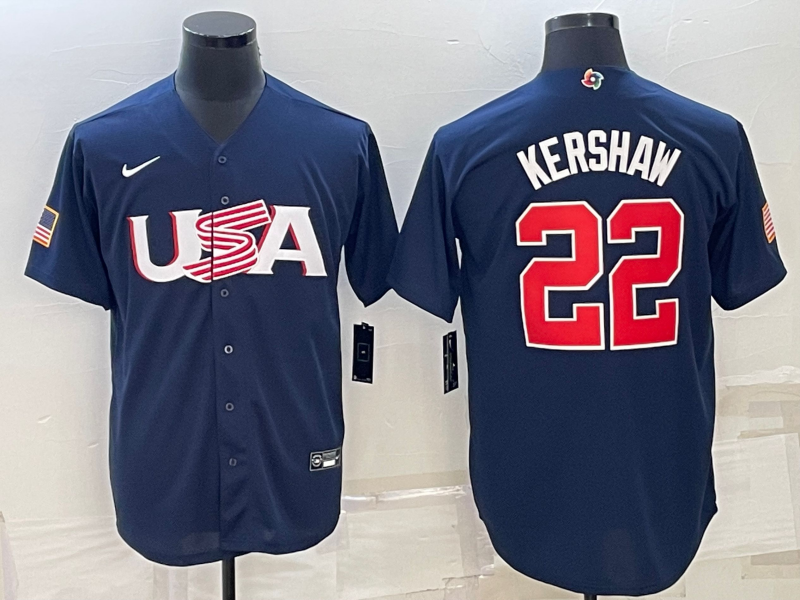 Men's 2023 World Baseball Classic Clayton Kershaw USA Navy Jersey baseball jersey product view 1