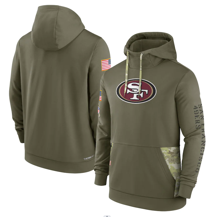 Men's San Francisco 49ers Olive 2022 Salute to Service Therma Performance Pullover Hoodie football jersey product view 1