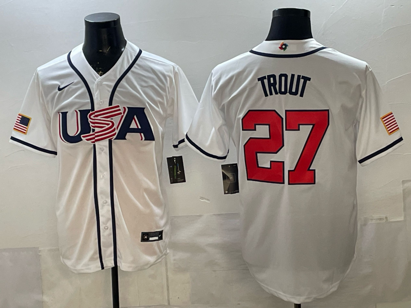 Men's USA Baseball Mike Trout #27 White 2026 World Baseball Classic Stadium Jersey baseball jersey product view 1