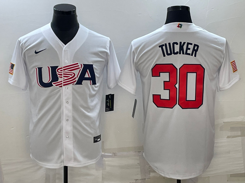 Men's 2023 World Baseball Classic Kyle Tucker USA White Jersey baseball jersey product view 1