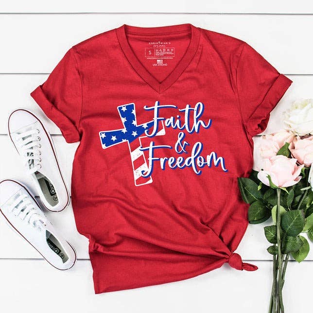 Faith and Freedom V-Neck Unisex T-shirt, Sweatshirt, Hoodie, Long Sleeve Tee - T-Shirt, Sweatshirt, Hoodie
