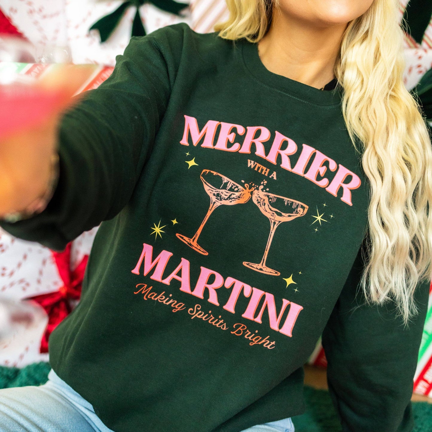 Christmas Sweatshirt, Merrier with A Martini, Graphic Shirt Unisex T-shirt, Sweatshirt, Hoodie, Long Sleeve Tee - T-Shirt, Sweatshirt, Hoodie