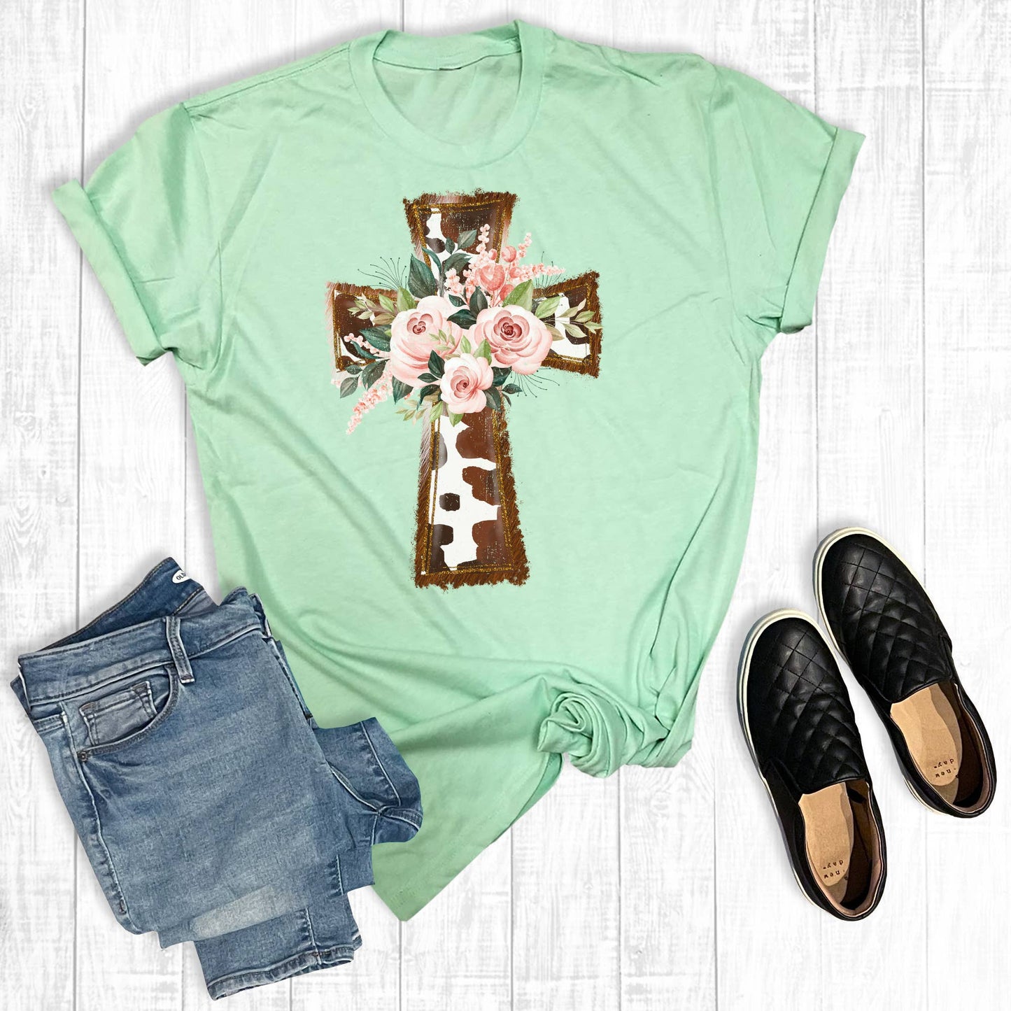 Cow Print Floral Cross Unisex T-shirt, Sweatshirt, Hoodie, Long Sleeve Tee - T-Shirt, Sweatshirt, Hoodie