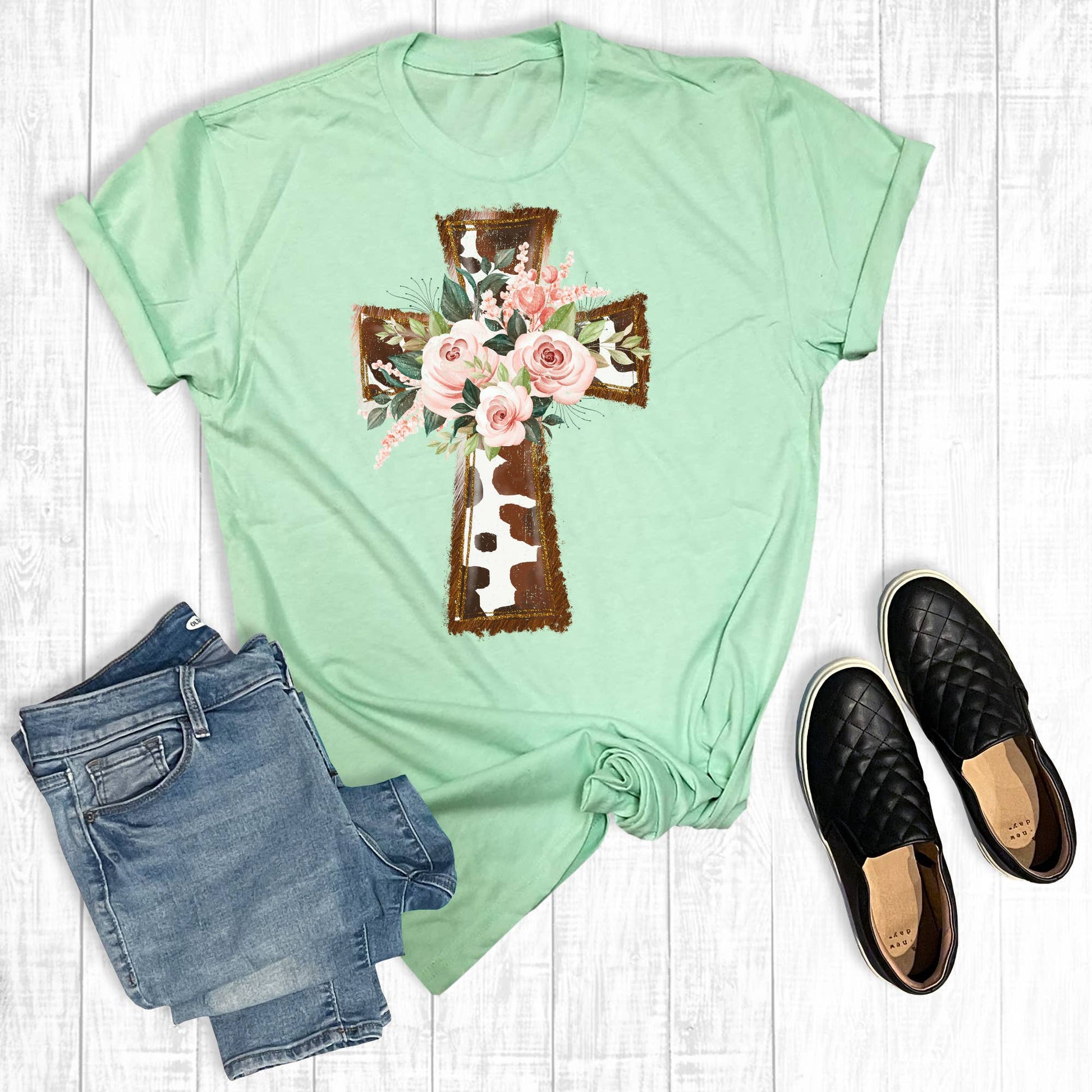 Cow Print Floral Cross Unisex T-shirt, Sweatshirt, Hoodie, Long Sleeve Tee - T-Shirt, Sweatshirt, Hoodie