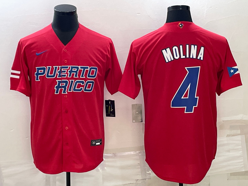 Men's 2023 World Baseball Classic #4 Yadier Molina Puerto Rico Red Jersey1 baseball jersey product view 1
