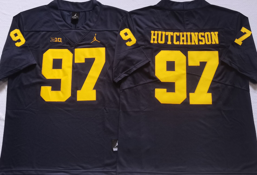 Men's Michigan Wolverines Aiden Hutchinson #97 Navy Alumni Player Game Jersey sports jersey product view 1