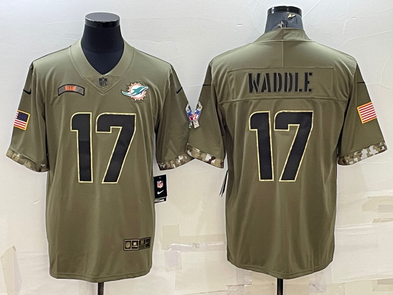 Men's Miami Dolphins Jaylen Waddle #17 Olive 2022 Salute To Service Limited Jersey1 football jersey product view 1