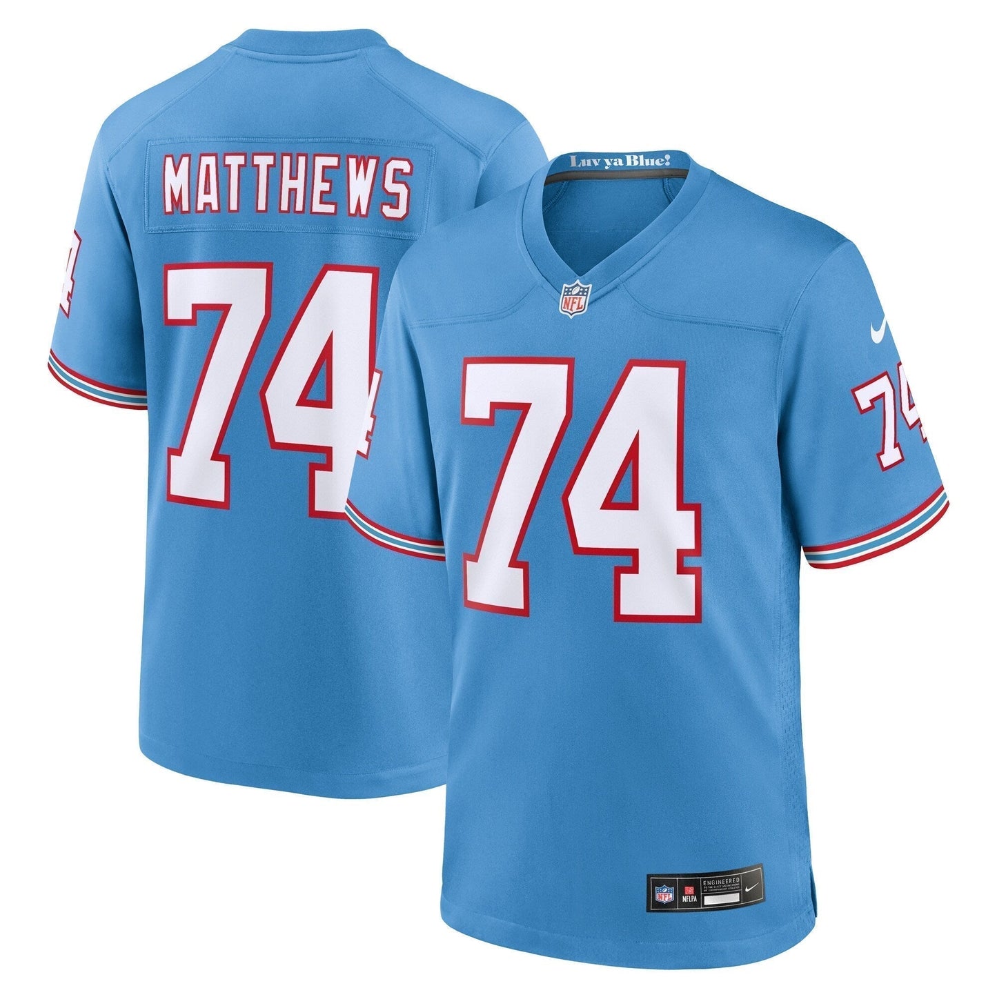 Bruce Matthews Tennessee Titans Oilers Throwback Retired Game Jersey - Light Blue football jersey product view 1