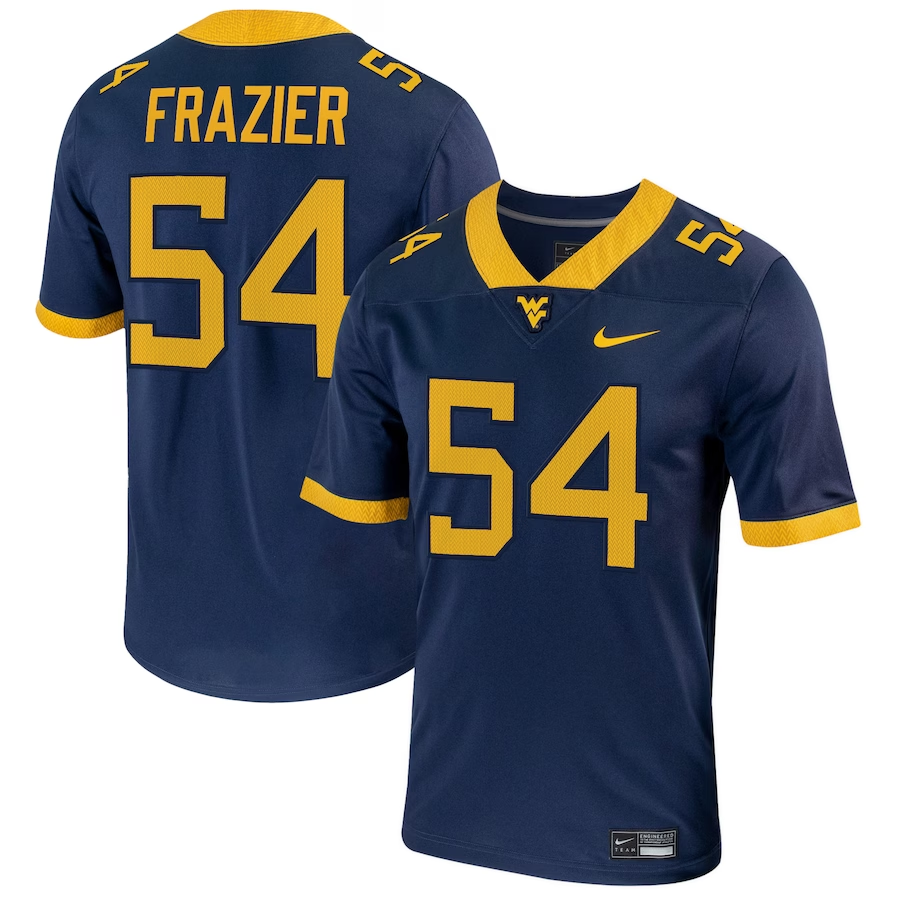 Men's West Virginia Mountaineers Zach Frazier #54 Navy Player Game Jersey sports jersey product view 1