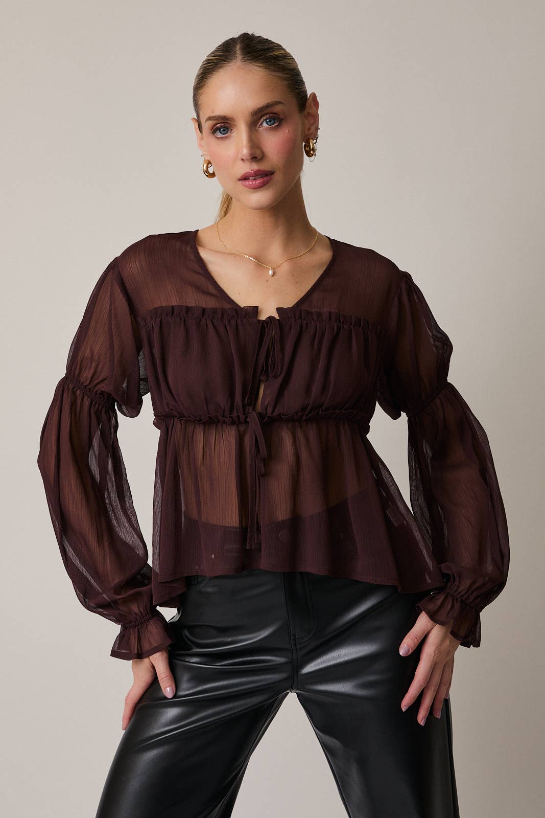 V-Neck Long Sleeve Front Tied Sheer Blouse Unisex T-shirt, Sweatshirt, Hoodie, Long Sleeve Tee - T-Shirt, Sweatshirt, Hoodie