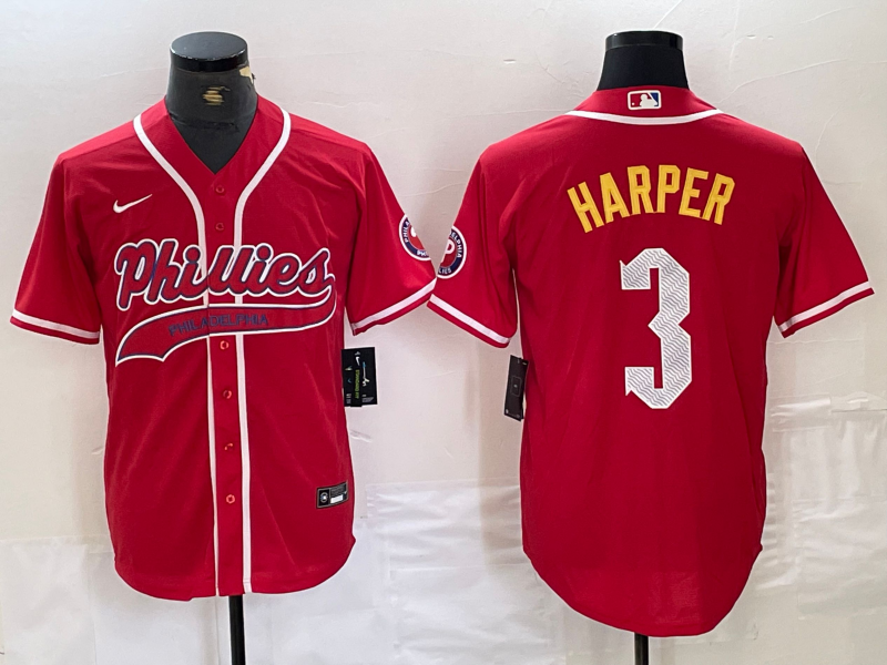 Men's Philadelphia Phillies Bryce Harper #3 Red Player Jersey Joint Edition baseball jersey product view 1