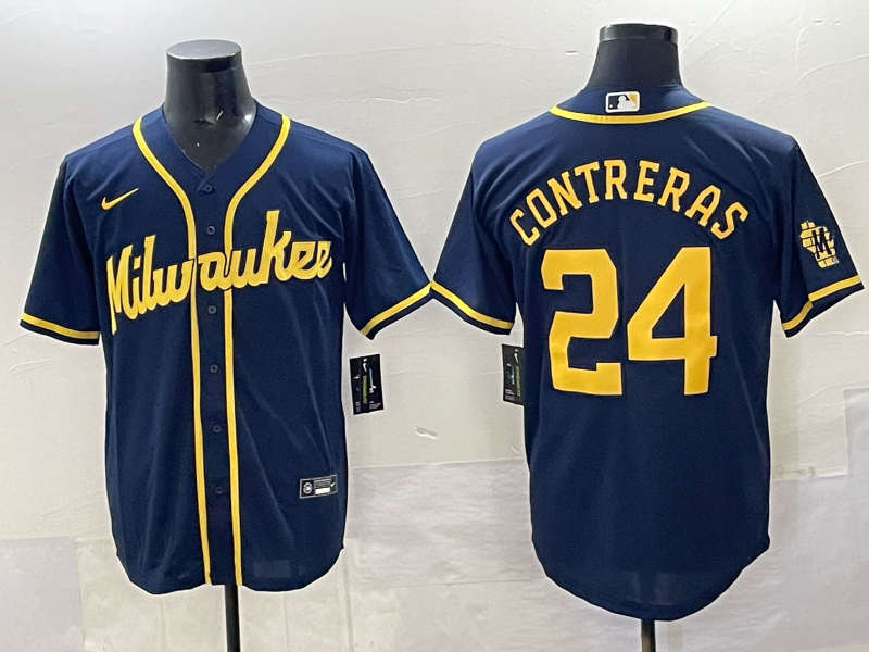 Men's Milwaukee Brewers William Contreras #24 Navy Replica Player Jersey baseball jersey product view 1