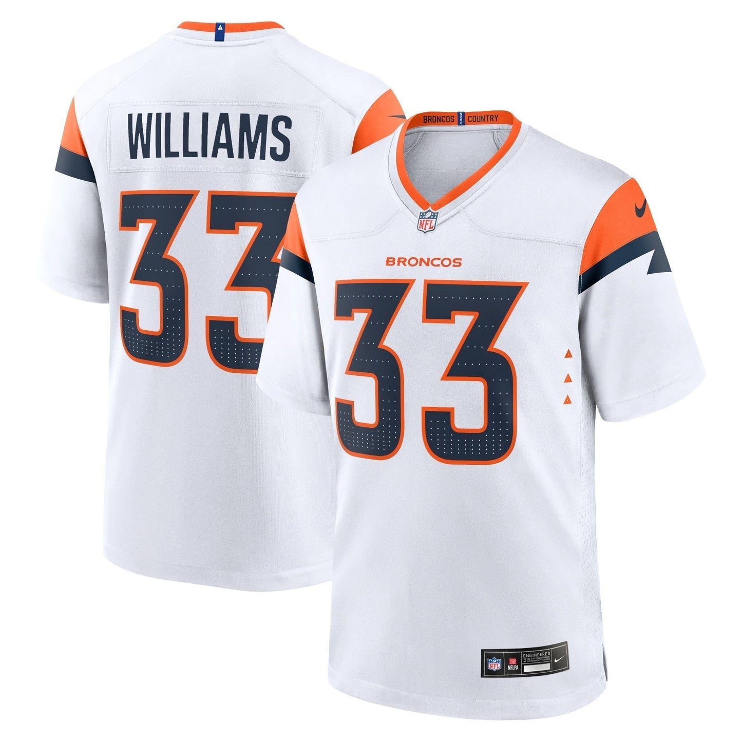Javonte Williams Denver Broncos Mile High Collection Game Jersey - White football jersey product view 1