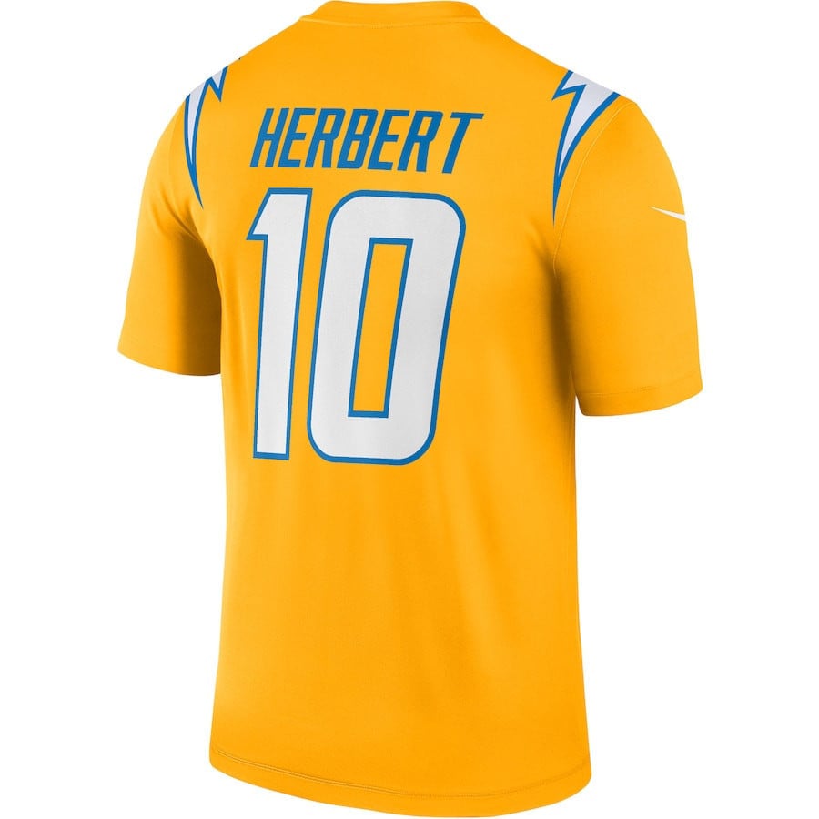 Justin Herbert 10 Los Angeles Chargers Inverted Legend Jersey - Gold football jersey product view 3