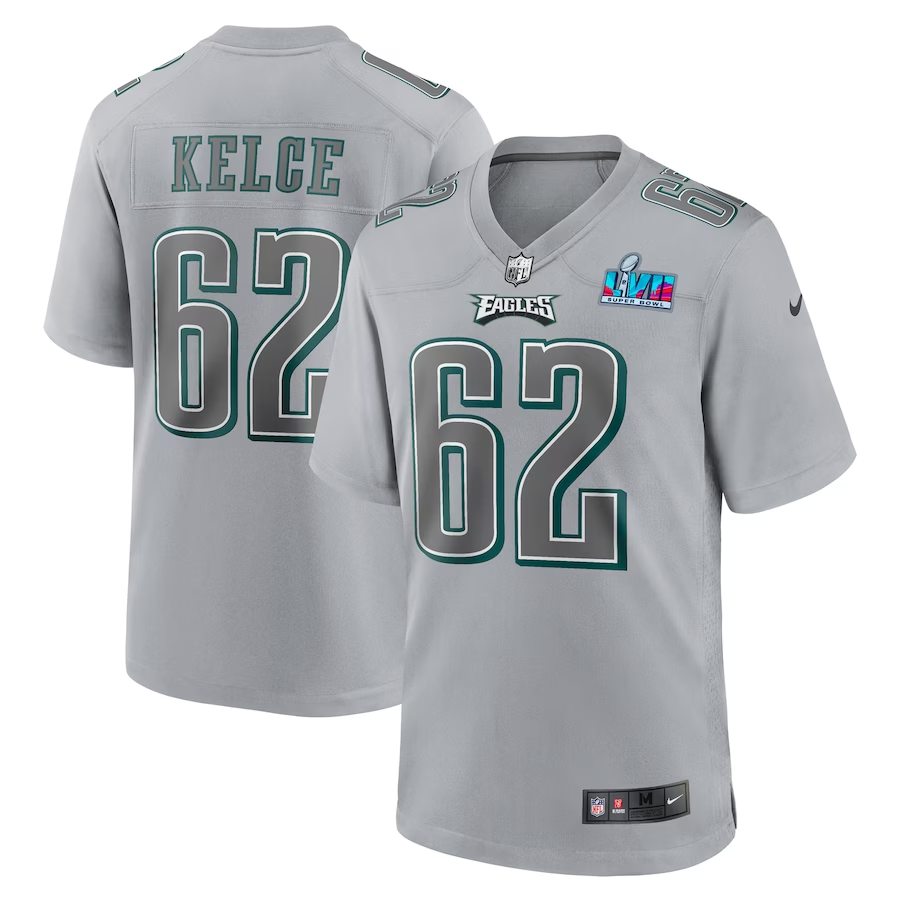 Men's Philadelphia Eagles Jason Kelce #62 Gray Super Bowl LVII Patch Atmosphere Fashion Game Jersey1 football jersey product view 1