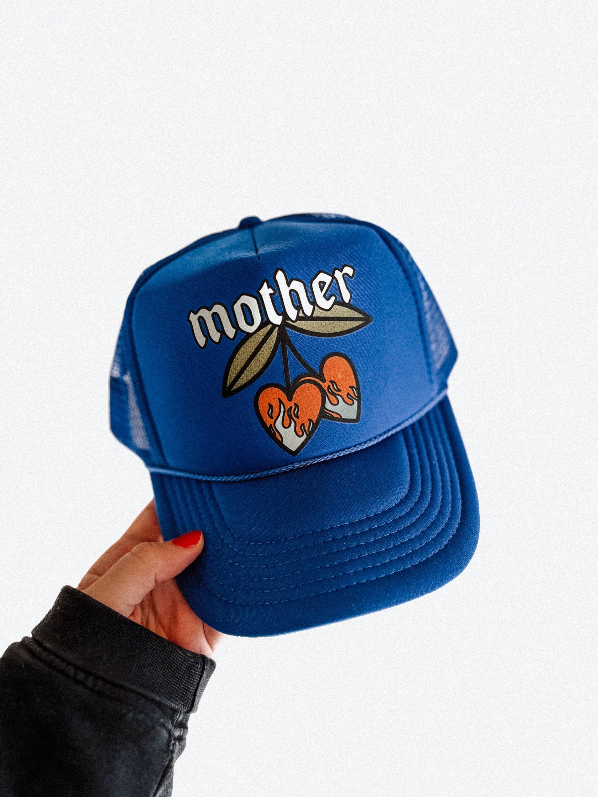 Mother Flaming Cherries Trucker Hat - Blue Unisex T-shirt, Sweatshirt, Hoodie, Long Sleeve Tee - T-Shirt, Sweatshirt, Hoodie