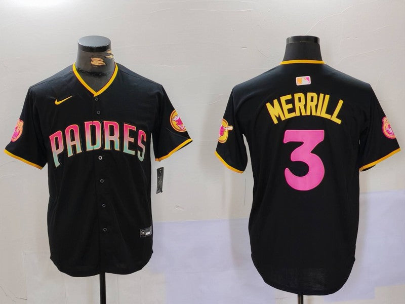 Men's San Diego Padres Jackson Merrill #3 Black Replica Player Jersey1 baseball jersey product view 1