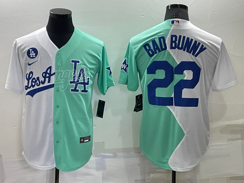 Men's Los Angeles Dodgers Bad Bunny #22 White/Green Replica Baseball Jersey1 baseball jersey product view 1