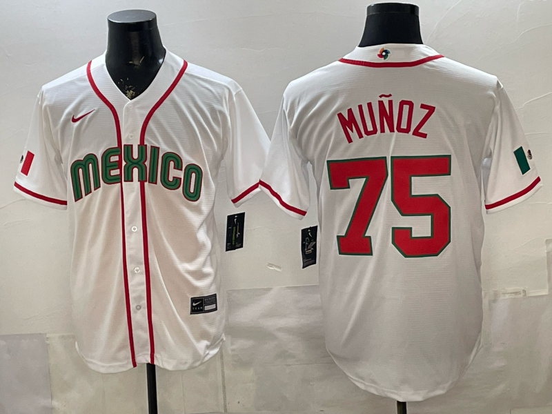 Men's Mexico Baseball Sergio Munoz #75 White 2026 World Baseball Classic Stadium Jersey baseball jersey product view 1