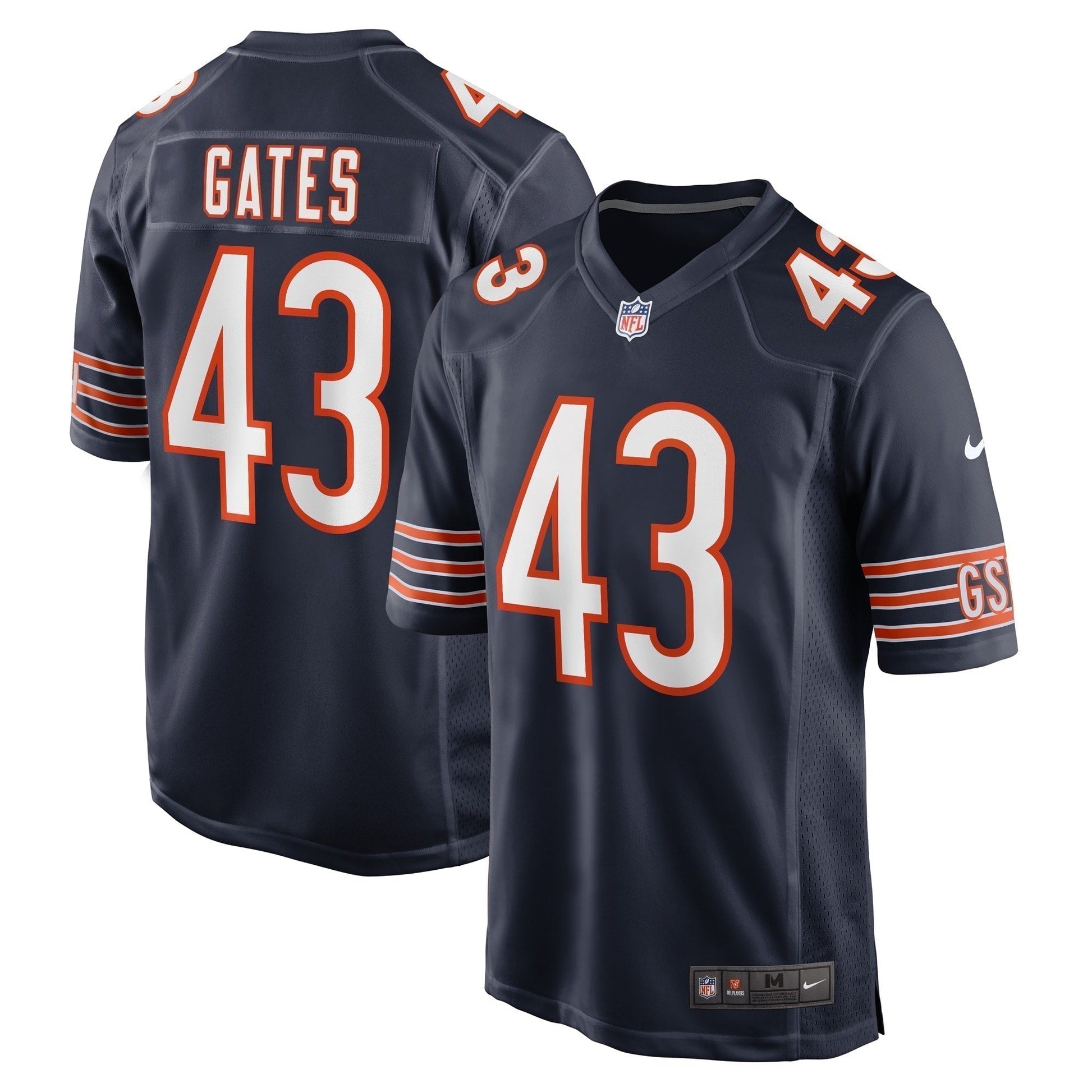 DeMarquis Gates Chicago Bears Game Jersey - Navy football jersey product view 1
