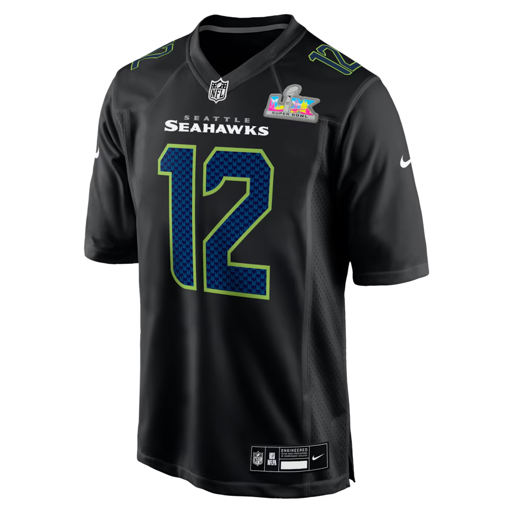 Men's Seattle Seahawks 12s Black Super Bowl LX Patch Carbon Fashion Game Jersey football jersey product view 2
