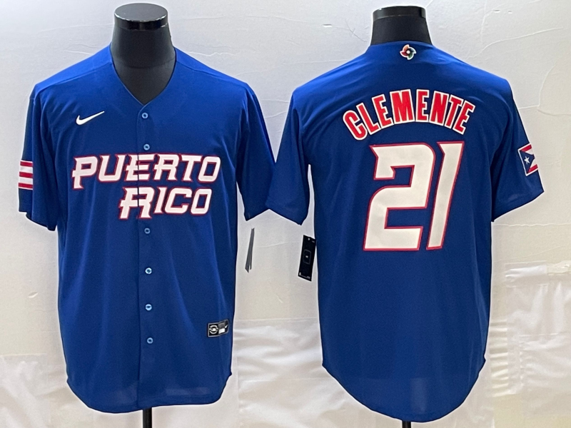 Men's 2023 World Baseball Classic Roberto Clemente Puerto Rico Blue Jersey baseball jersey product view 1