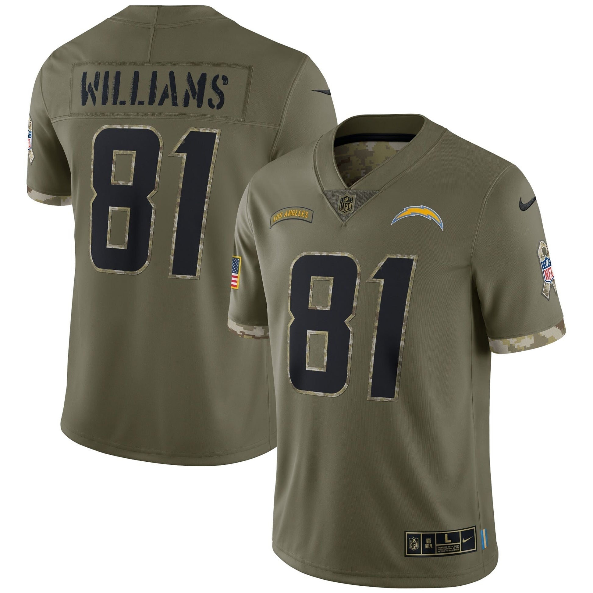 Mike Williams Los Angeles Chargers 2022 Salute To Service Limited Jersey - Olive football jersey product view 1