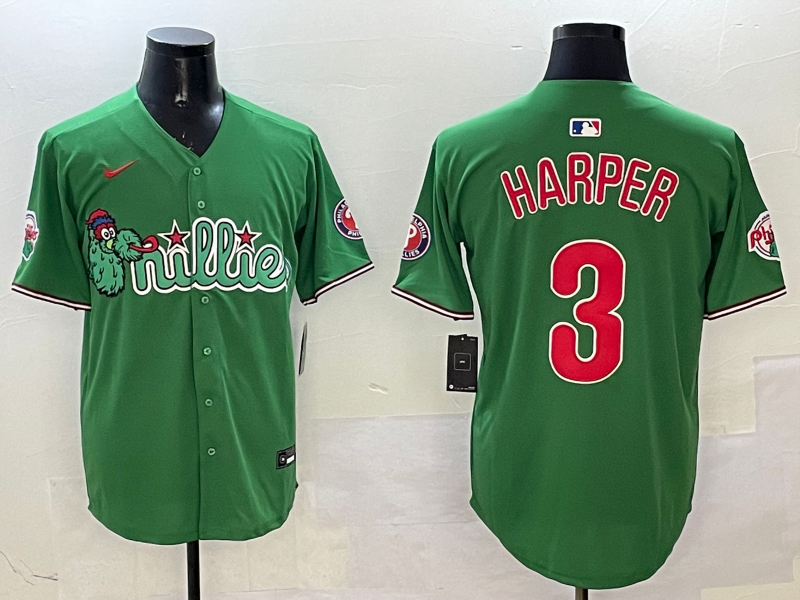 Men's Philadelphia Phillies Bryce Harper #3 Green Replica Team Jersey baseball jersey product view 1