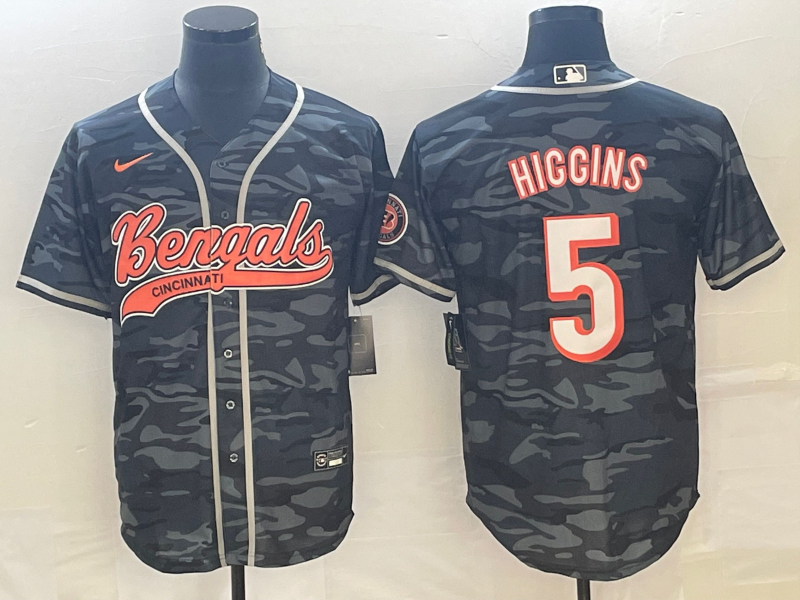 Men's Cincinnati Bengals Tee Higgins #5 Grey Camouflage Fashion Game Jersey1 football jersey product view 1