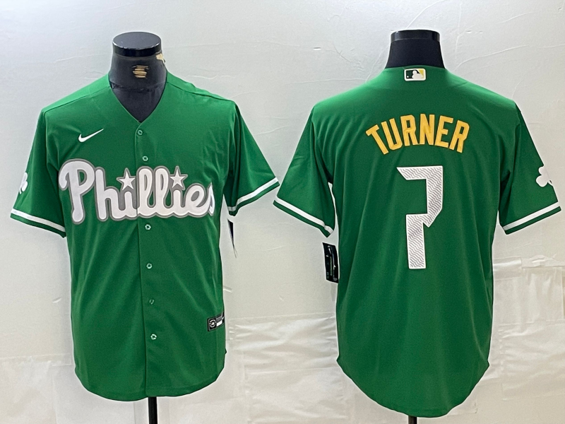 Men's Philadelphia Phillies Trea Turner Green Replica Player Jersey baseball jersey product view 1