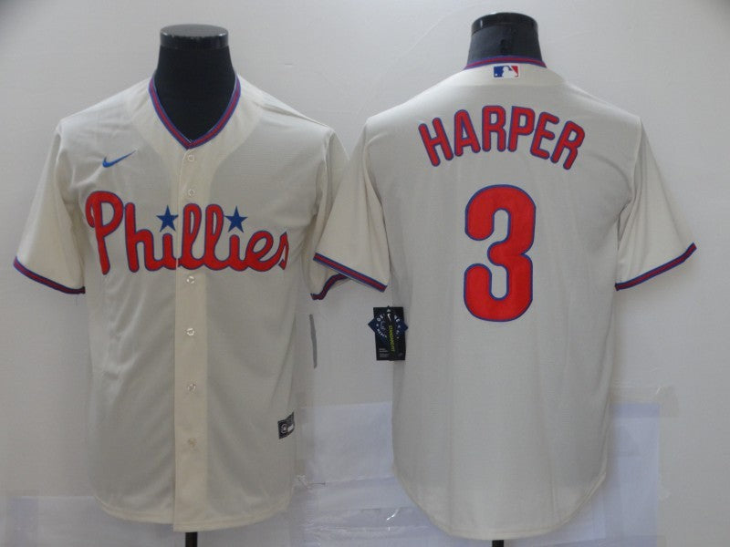Men's Philadelphia Phillies Bryce Harper #3 Beige Replica Baseball Jersey baseball jersey product view 1