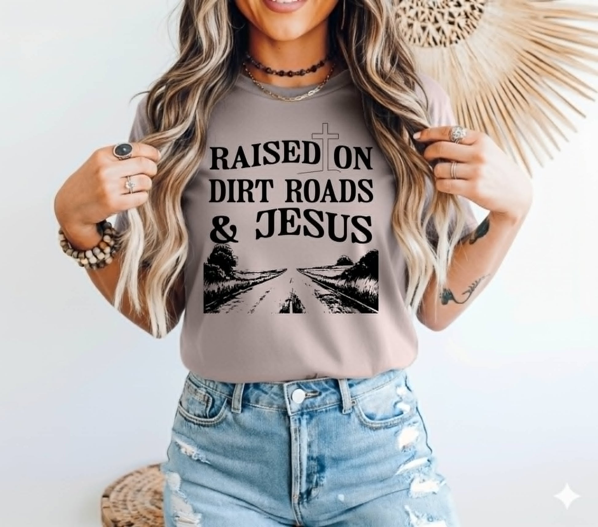 Raised On Dirt Roads & Jesus Bella Western Faith Graphic Tee Unisex T-shirt, Sweatshirt, Hoodie, Long Sleeve Tee - T-Shirt, Sweatshirt, Hoodie