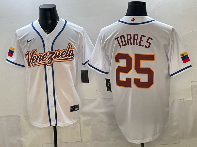 Men's Venezuela Baseball Gleyber Torres #25 White 2026 World Baseball Classic Stadium Jersey baseball jersey product view 1