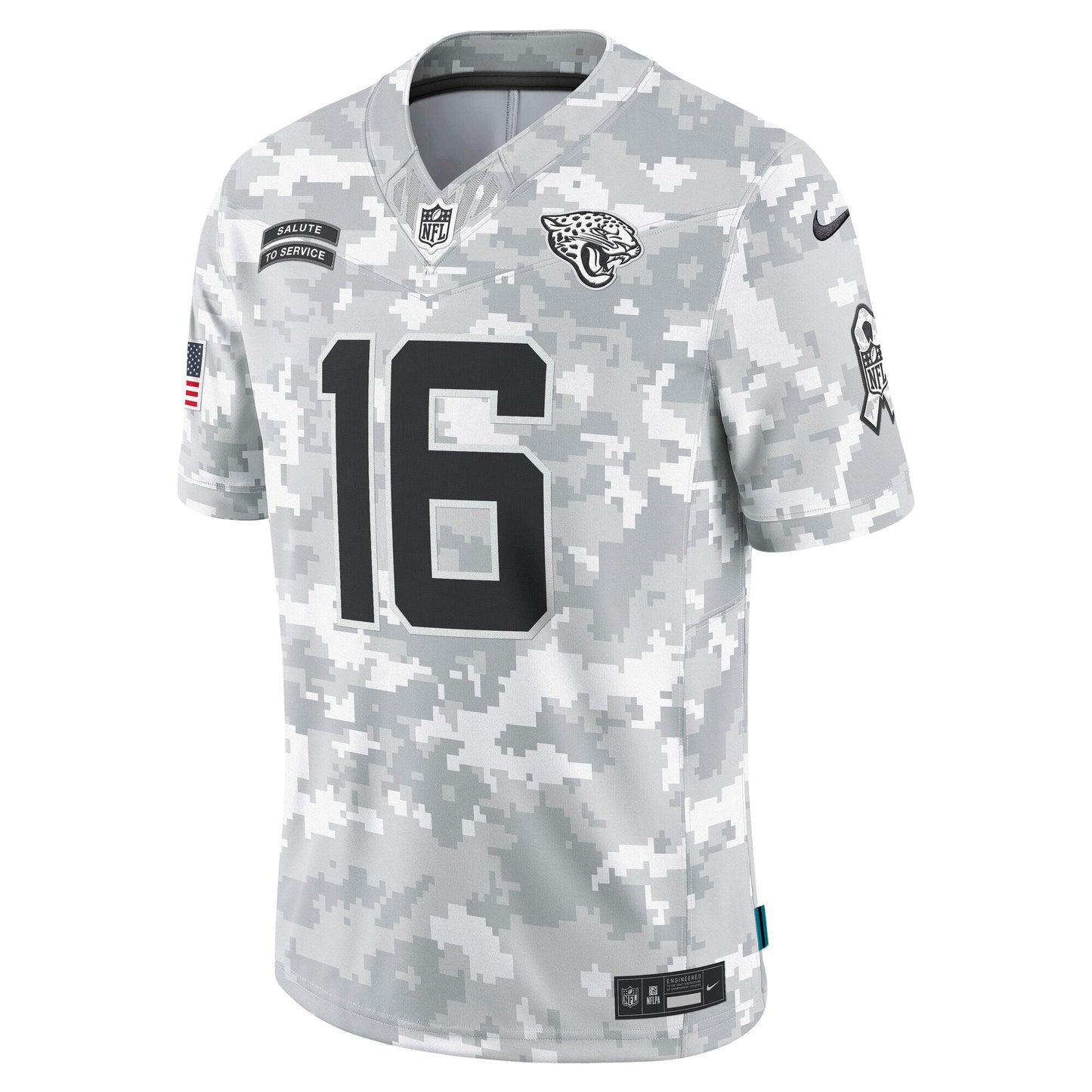 Trevor Lawrence Jacksonville Jaguars 2024 Salute to Service Limited Jersey - Arctic Camo football jersey product view 2