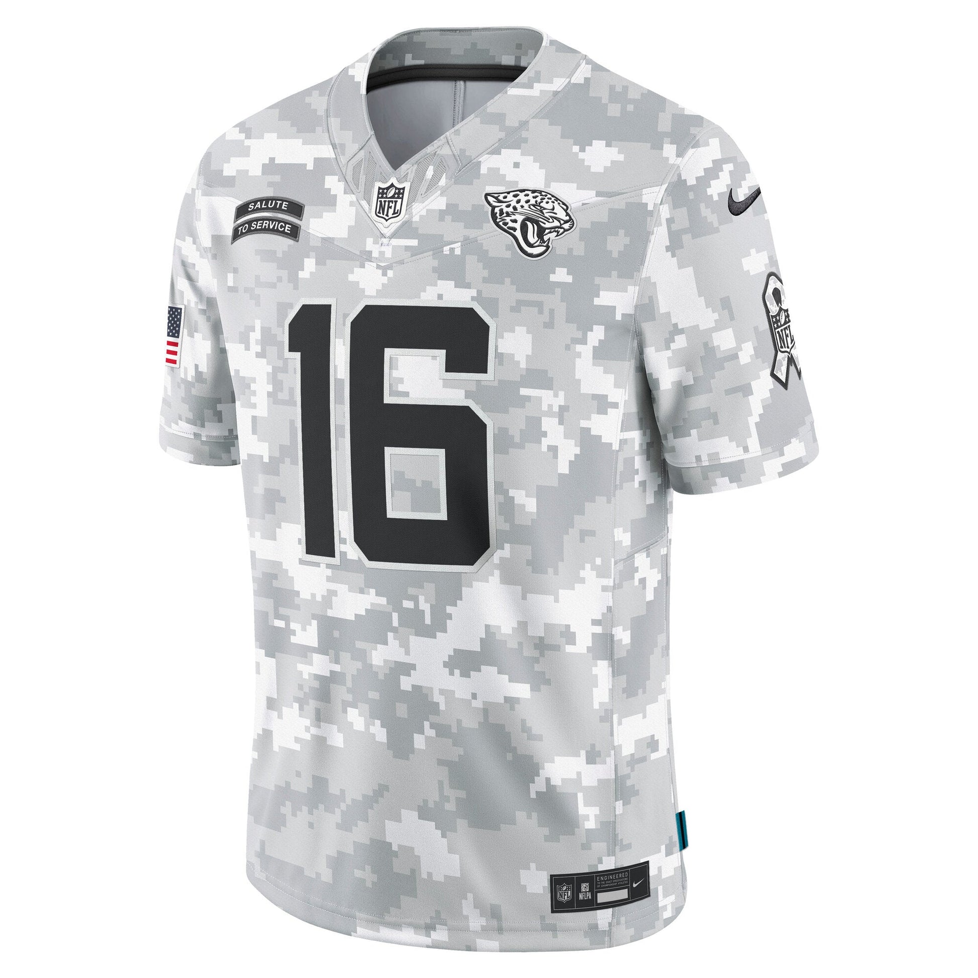 Trevor Lawrence Jacksonville Jaguars 2024 Salute to Service Limited Jersey - Arctic Camo football jersey product view 2