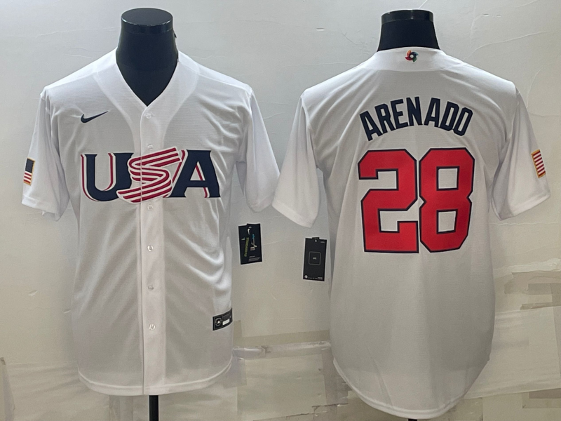 Men's 2023 World Baseball Classic Nolan Arenado USA White Jersey baseball jersey product view 1