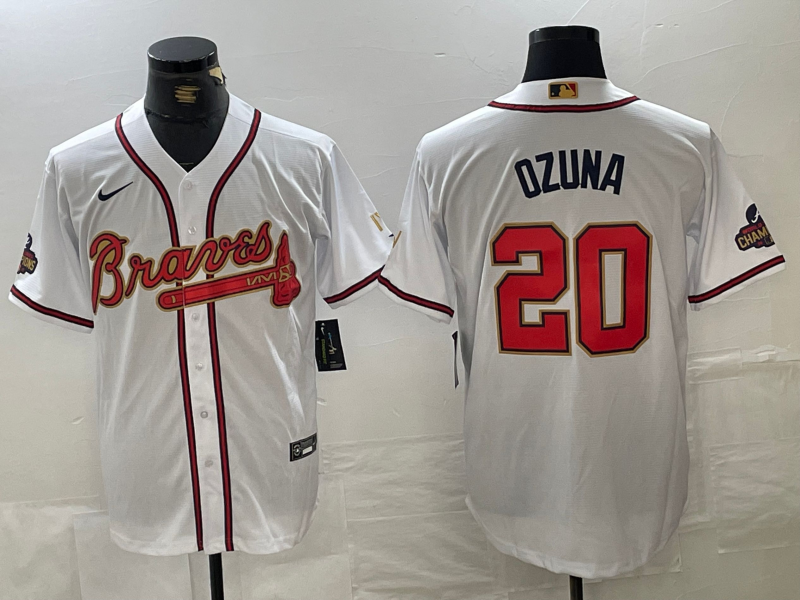 Men's Atlanta Braves Marcell Ozuna #20 White Limited Player Jersey baseball jersey product view 1
